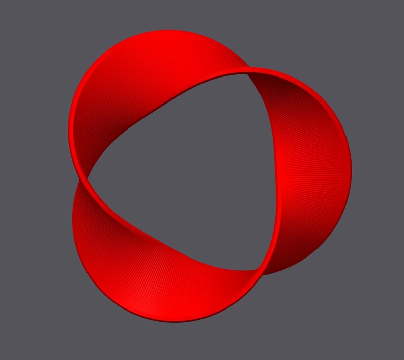 May include: A red, three-dimensional, abstract shape resembling a twisted ribbon or a Mobius strip.
