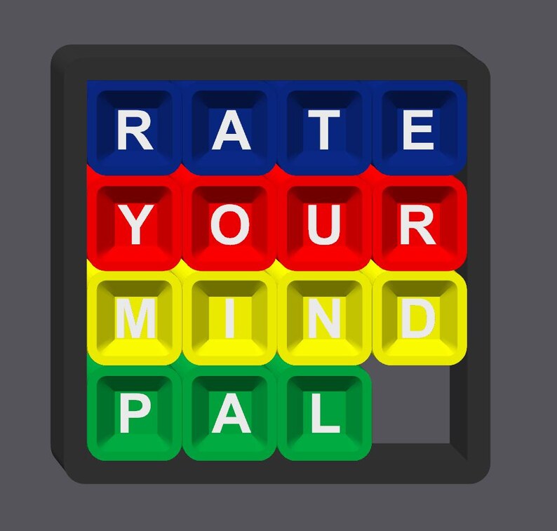 May include: A colorful tile puzzle with the words "RATE YOUR MIND PAL" spelled out in red, blue, yellow, and green tiles.