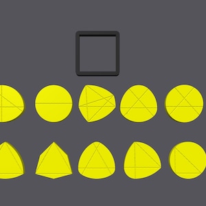 K&ouml;nnte beinhalten: Ein Satz von neun gelben geometrischen Formen, darunter Kreise, Dreiecke und Ovale, mit Linien, die durch sie gezogen werden. Die Formen sind in drei Reihen zu je drei angeordnet.