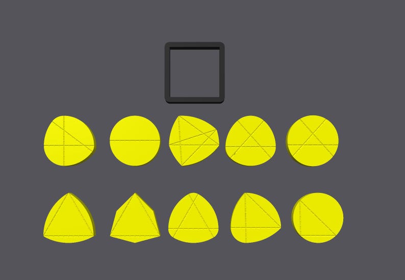 K&ouml;nnte beinhalten: Ein Satz von neun gelben geometrischen Formen, darunter Kreise, Dreiecke und Ovale, mit Linien, die durch sie gezogen werden. Die Formen sind in drei Reihen zu je drei angeordnet.