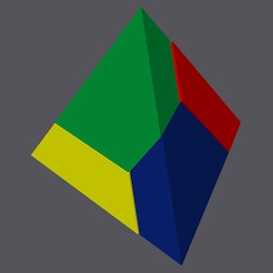 Puede incluir: Una forma geométrica tridimensional compuesta por varias caras triangulares y cuadriláteras de colores. La forma presenta secciones verdes, amarillas, azules y rojas, sobre un fondo gris. El diseño es abstracto y moderno.