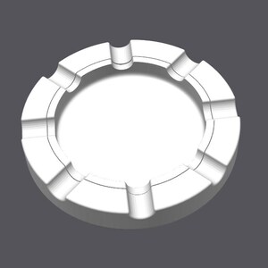 K&ouml;nnte beinhalten: Ein wei&szlig;er Aschenbecher mit kreisf&ouml;rmigem Design. Der Aschenbecher hat gebogene Vertiefungen am Rand, mit Schlitzen f&uuml;r Zigaretten. Der Aschenbecher befindet sich vor einem grauen Hintergrund.
