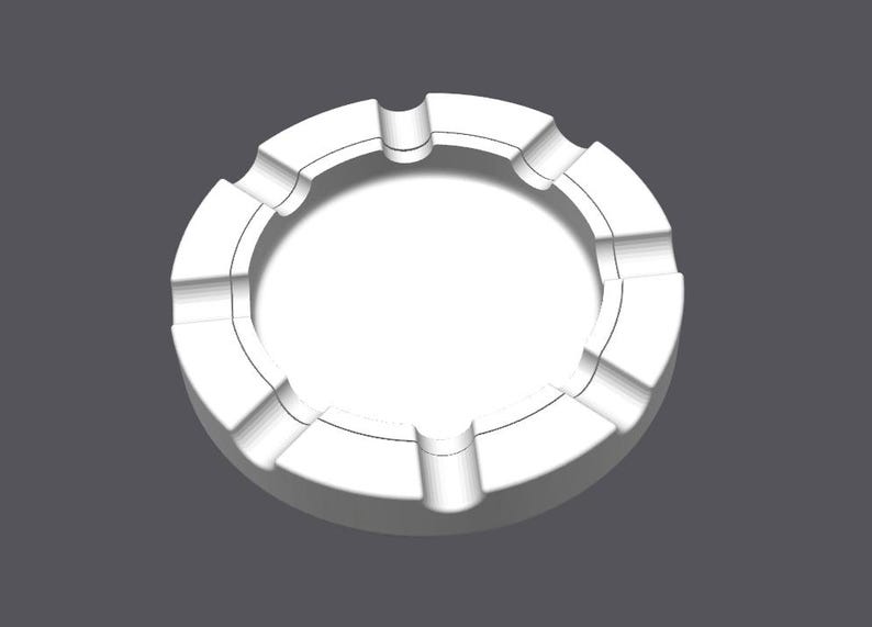 K&ouml;nnte beinhalten: Ein wei&szlig;er Aschenbecher mit kreisf&ouml;rmigem Design. Der Aschenbecher hat gebogene Vertiefungen am Rand, mit Schlitzen f&uuml;r Zigaretten. Der Aschenbecher befindet sich vor einem grauen Hintergrund.