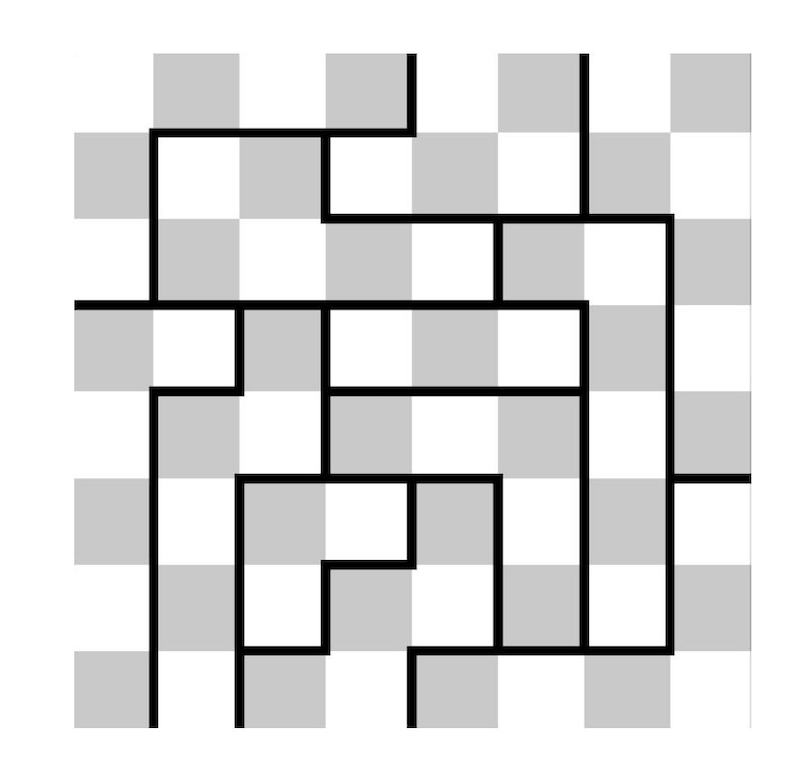 May include: Black and white checkered pattern with a black maze design. The maze is made up of lines that form a path through the squares.