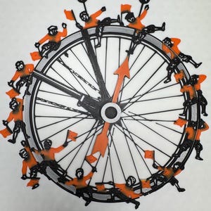 May include: A black and white illustration of a wheel with 15 boys riding around it. The wheel has a black arrow that points to the letter A. The text reads "THE DISAPPEARING BICYCLIST! Turn the disc so the arrow points to A and count 15 boys. Then move arrow to B and there are only 12 boys in view. Which boy has vanished? Where does he go?"
