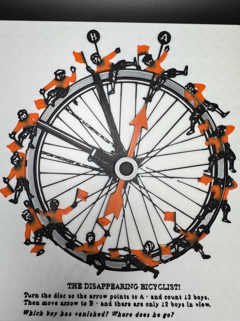 May include: A black and white illustration of a wheel with 15 boys riding around it. The wheel has a black arrow that points to the letter A. The text reads "THE DISAPPEARING BICYCLIST! Turn the disc so the arrow points to A and count 15 boys. Then move arrow to B and there are only 12 boys in view. Which boy has vanished? Where does he go?"