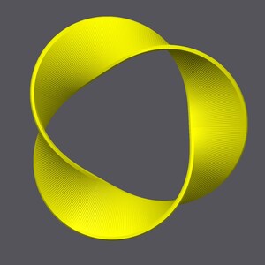 May include: A yellow, three-dimensional, abstract shape resembling a twisted ribbon or a Mobius strip.