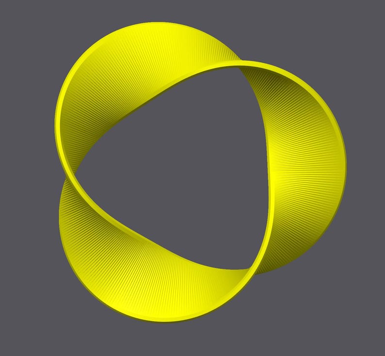 May include: A yellow, three-dimensional, abstract shape resembling a twisted ribbon or a Mobius strip.