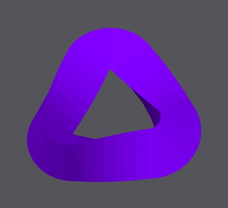 May include: A purple 3D shape resembling a triangle with a hole in the center.