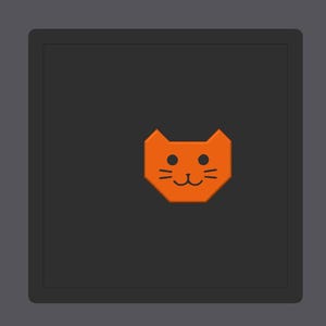 May include: Orange geometric cat face with black eyes and whiskers on a dark gray square background. The cat face is centered within the square, creating a simple, modern design. The overall aesthetic is minimalist and playful.