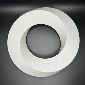 May include: White, three-dimensional, abstract sculpture in the shape of a Mobius strip. The sculpture is made of a smooth, white material and has a circular shape.