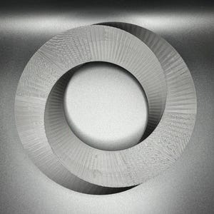 May include: A gray, 3D printed, Mobius strip sculpture. The sculpture is made of two interlocking rings that form a continuous loop.