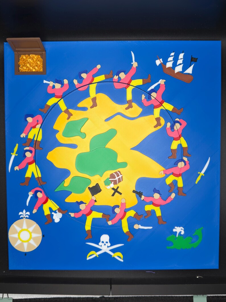 May include: A colorful pirate-themed artwork on a blue background. It features a yellow island surrounded by figures in pink shirts and yellow pants, a treasure chest, a ship, and pirate symbols.