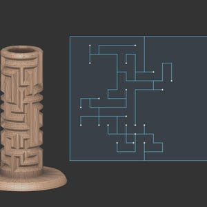 May include: A wooden vase with a geometric pattern carved into the surface. The vase is brown and has a circular base. A diagram of a maze is shown in the background.