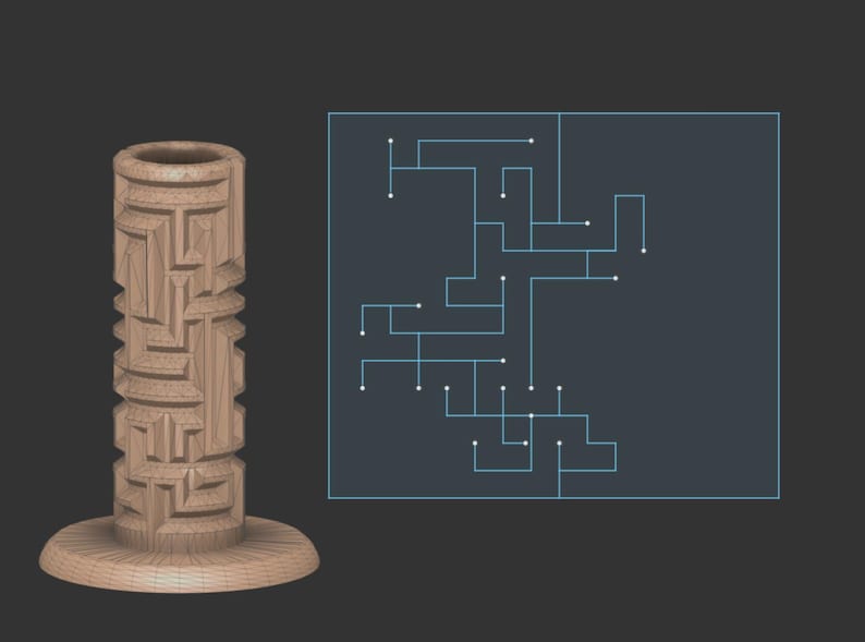May include: A wooden vase with a geometric pattern carved into the surface. The vase is brown and has a circular base. A diagram of a maze is shown in the background.