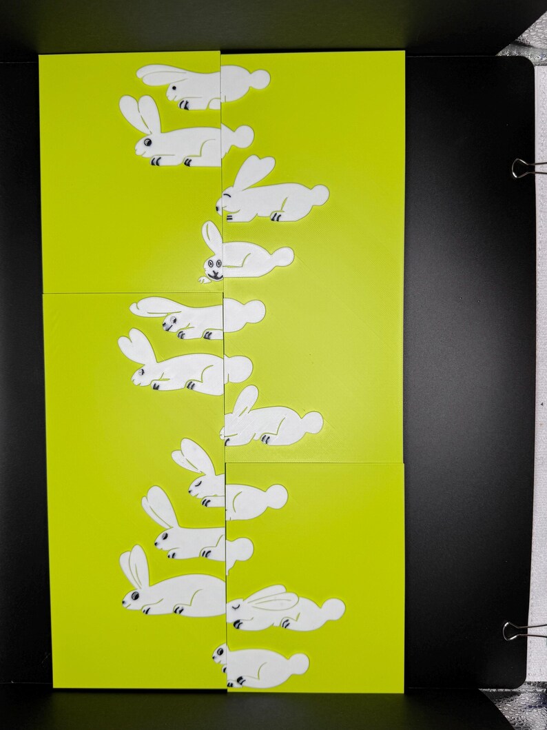 May include: A set of nine white rabbit illustrations on a bright yellow background. The rabbits are in various poses, with some lying down and others standing up. The illustrations are simple and whimsical.