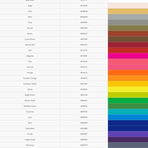 Puede incluir: Una tabla que muestra el c&oacute;digo hexadecimal para diferentes colores. Los colores se muestran en una columna en el lado derecho de la tabla. Los colores incluyen blanco jade, beige, oro, plata, gris, bronce, marr&oacute;n, marr&oacute;n cacao, rojo burdeos, rojo, magenta, rosa, rosa chicle, naranja, naranja calabaza, amarillo girasol, amarillo, verde brillante, verde bamb&uacute;, verde mu&eacute;rdago, turquesa, cian, azul, azul cobalto, morado, morado &iacute;ndigo, gris azulado, gris claro, gris oscuro y negro.