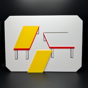 May include: A white rectangular wall art piece with a geometric design. It features yellow and white shapes with red accents and black legs, creating a modern, abstract composition.