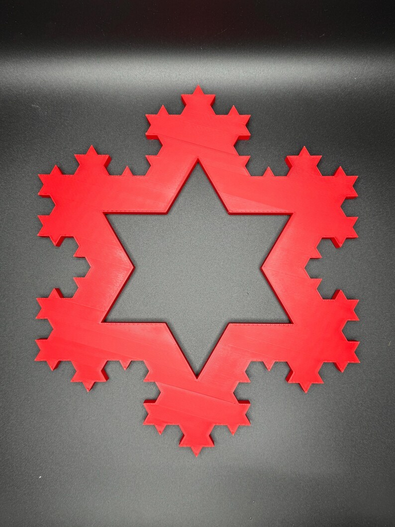 May include: A red, 3D printed, six-pointed star with a fractal design. The star is made up of many smaller triangles and has a hollow center.