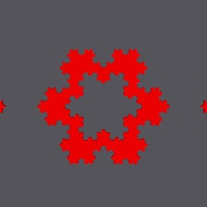 May include: Three red geometric shapes resembling snowflakes with intricate patterns. The shapes are arranged in a row, evenly spaced apart.