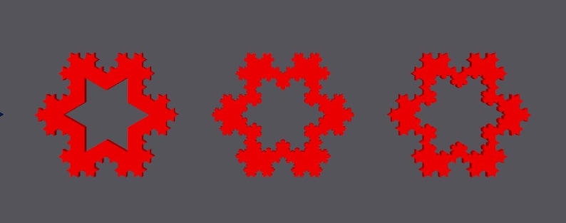 May include: Three red geometric shapes resembling snowflakes with intricate patterns. The shapes are arranged in a row, evenly spaced apart.