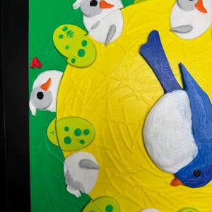 May include: A colorful 3D-printed artwork featuring a blue and white bird with an orange beak, surrounded by white bird-like shapes and green, spotted, oval shapes. The background is yellow and green.