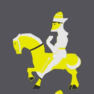 May include: A graphic illustration of a rider on horseback, rendered in yellow and white against a gray background. The rider is wearing a hat and is seated on a horse. The image has a flat, stylized design.