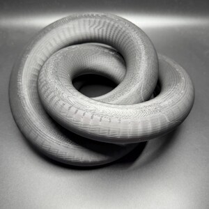 May include: A grayscale, 3D-printed sculpture featuring a Mobius strip design. The continuous loop is made of a textured, ring-like form, creating an abstract, intertwined shape. The object is set against a dark gray background.