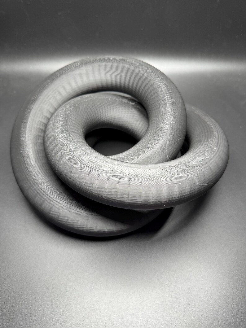 May include: A grayscale, 3D-printed sculpture featuring a Mobius strip design. The continuous loop is made of a textured, ring-like form, creating an abstract, intertwined shape. The object is set against a dark gray background.