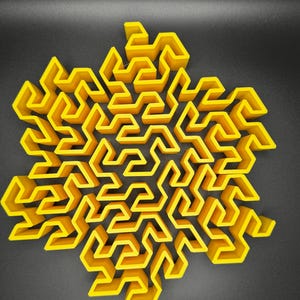 May include: A yellow 3D printed maze in the shape of a star. The maze is made up of many small, interconnected squares.