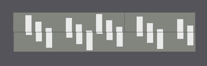 May include: A graphic representation of a musical rhythm with white bars of varying lengths on a gray background.