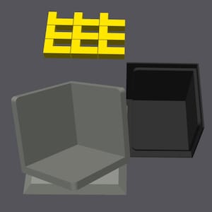 May include: A 3D rendering featuring a yellow Tetris-like block arrangement above two open, angular containers. One container is gray, the other is black, both with a geometric design. The background is a solid gray.