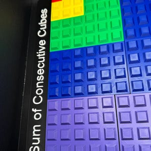May include: A colorful educational toy featuring a series of textured squares in red, yellow, green, blue, and purple. The squares are arranged in a grid pattern. The text "Sum of Consecutive Cubes" is printed vertically on the side.
