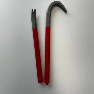 May include: Two red-handled pry bars with gray metal heads. One pry bar has a curved head and the other has a straight head.