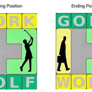 May include: A visual puzzle with two positions, starting and ending. The starting position shows a person walking away from the word "WORK" and towards the word "GOLF". The ending position shows a person walking away from the word "GOLF" and towards the word "WORK".
