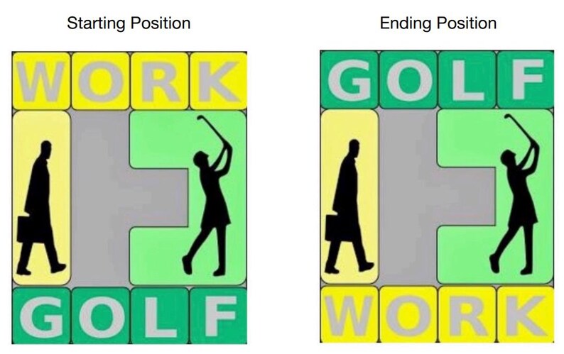May include: A visual puzzle with two positions, starting and ending. The starting position shows a person walking away from the word "WORK" and towards the word "GOLF". The ending position shows a person walking away from the word "GOLF" and towards the word "WORK".