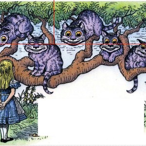 May include: A vintage illustration of Alice from Alice in Wonderland looking up at a group of purple Cheshire cats with wide grins sitting in a tree. The cats have large, round eyes and are perched on branches.