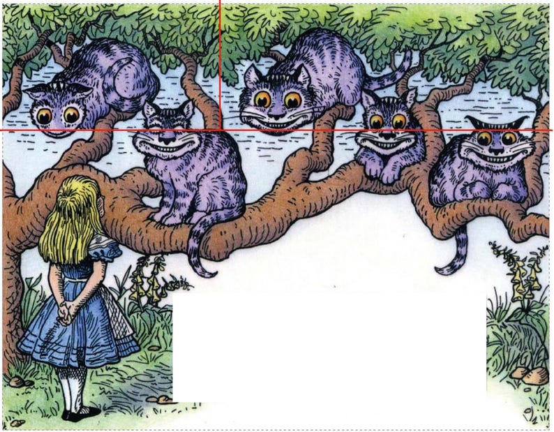 May include: A vintage illustration of Alice from Alice in Wonderland looking up at a group of purple Cheshire cats with wide grins sitting in a tree. The cats have large, round eyes and are perched on branches.
