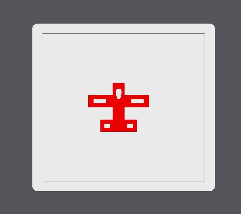K&ouml;nnte beinhalten: Ein quadratisches, wei&szlig;es Grafikdesign mit einer roten, stilisierten menschlichen Figur in der Mitte. Die Figur hat eine kreuzartige Form mit Kopf, Armen und Beinen. Der Hintergrund ist einfarbig dunkelgrau.