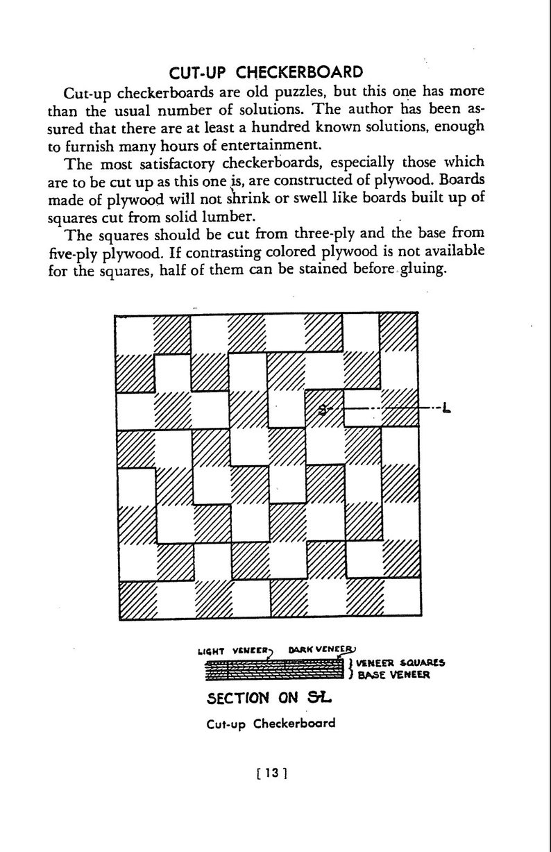 May include: A diagram showing how to construct a cut-up checkerboard. The checkerboard is made of plywood and has a base veneer, light veneer, and dark veneer. The diagram shows a section on SL, which is the side of the checkerboard.