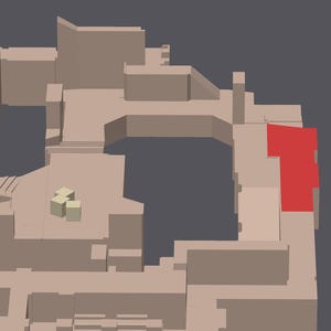 May include: A 3D model of a building with a red roof and beige walls. The building has multiple levels and a large open area in the center.