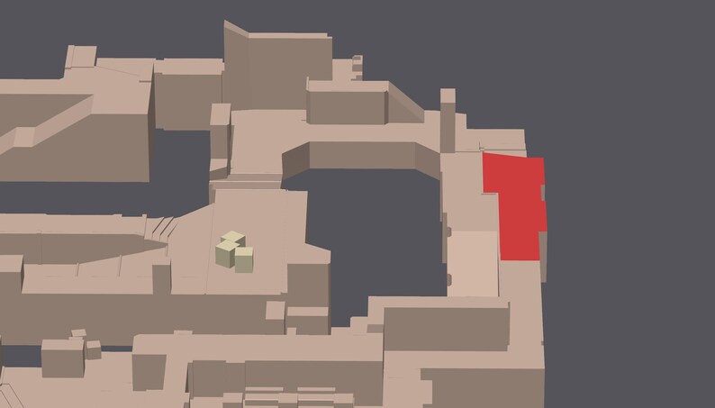 May include: A 3D model of a building with a red roof and beige walls. The building has multiple levels and a large open area in the center.