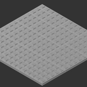 May include: Isometric view of a gray, square-shaped tile with a repeating pattern of raised squares. The tile is set against a dark gray background, creating a contrast that highlights the textured surface.