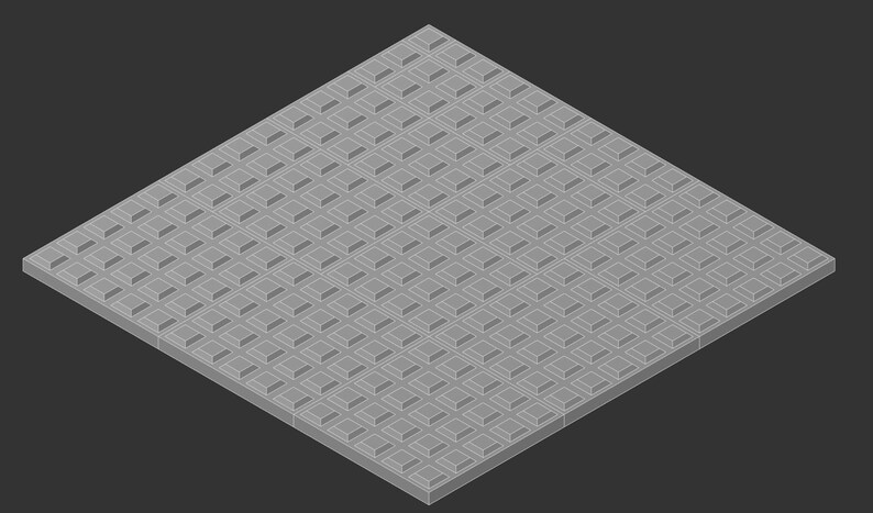 May include: Isometric view of a gray, square-shaped tile with a repeating pattern of raised squares. The tile is set against a dark gray background, creating a contrast that highlights the textured surface.