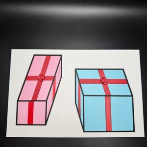 May include: Two colorful gift boxes, one pink and one blue, are depicted on a white background. Each box is adorned with a red ribbon and a decorative accent. The boxes have black outlines.