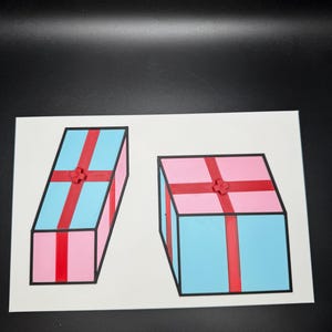 May include: Two colorful gift boxes are depicted on a white background. One box is pink with a blue top and red ribbon, while the other is blue with a pink top and red ribbon. Both have black outlines.