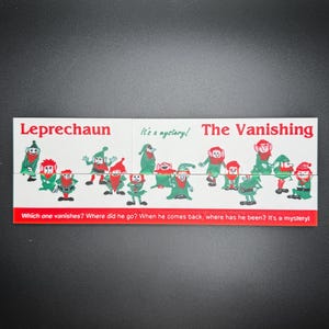May include: A vintage game card featuring a group of green leprechauns with red hats. The card has the text "Leprechaun" and "The Vanishing" with the question "Which one vanishes? Where did he go? When he comes back, where has he been? It's a mystery!"