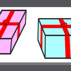 May include: Two gift boxes, one rectangular and one square, sit on a white surface. The rectangular box is pink, and the square box is light blue. Both are wrapped with red ribbons and bows.