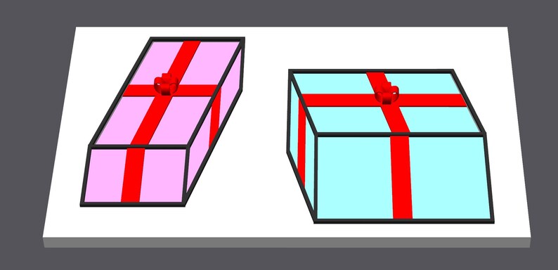 May include: Two gift boxes, one rectangular and one square, sit on a white surface. The rectangular box is pink, and the square box is light blue. Both are wrapped with red ribbons and bows.
