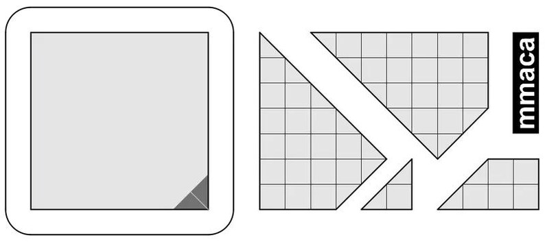 K&ouml;nnte beinhalten: Ein Schwarzwei&szlig;bild, das ein Quadrat zeigt, das in kleinere Quadrate unterteilt ist. Das Quadrat ist in vier Dreiecke unterteilt, die jeweils ein Gittermuster aufweisen. Das Wort "mmaca" ist vertikal auf der rechten Seite des Bildes geschrieben.